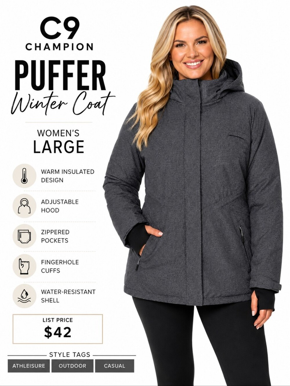 C9 Champion Women's Charcoal Heather Hooded Puffer Winter Coat Large